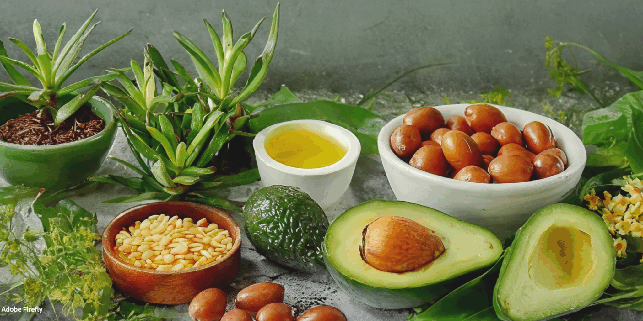 Natürliche Haarpflegezutaten wie Aloe Vera, Avocado, Öl und Avocadokerne für gesunde und gepflegte Haare