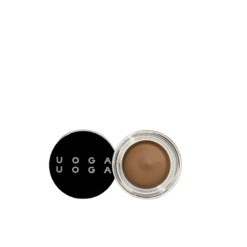 Geöffnete Uoga Uoga Eyebrow Pomade in einem warmen Braunton neben dem schwarzen Deckel